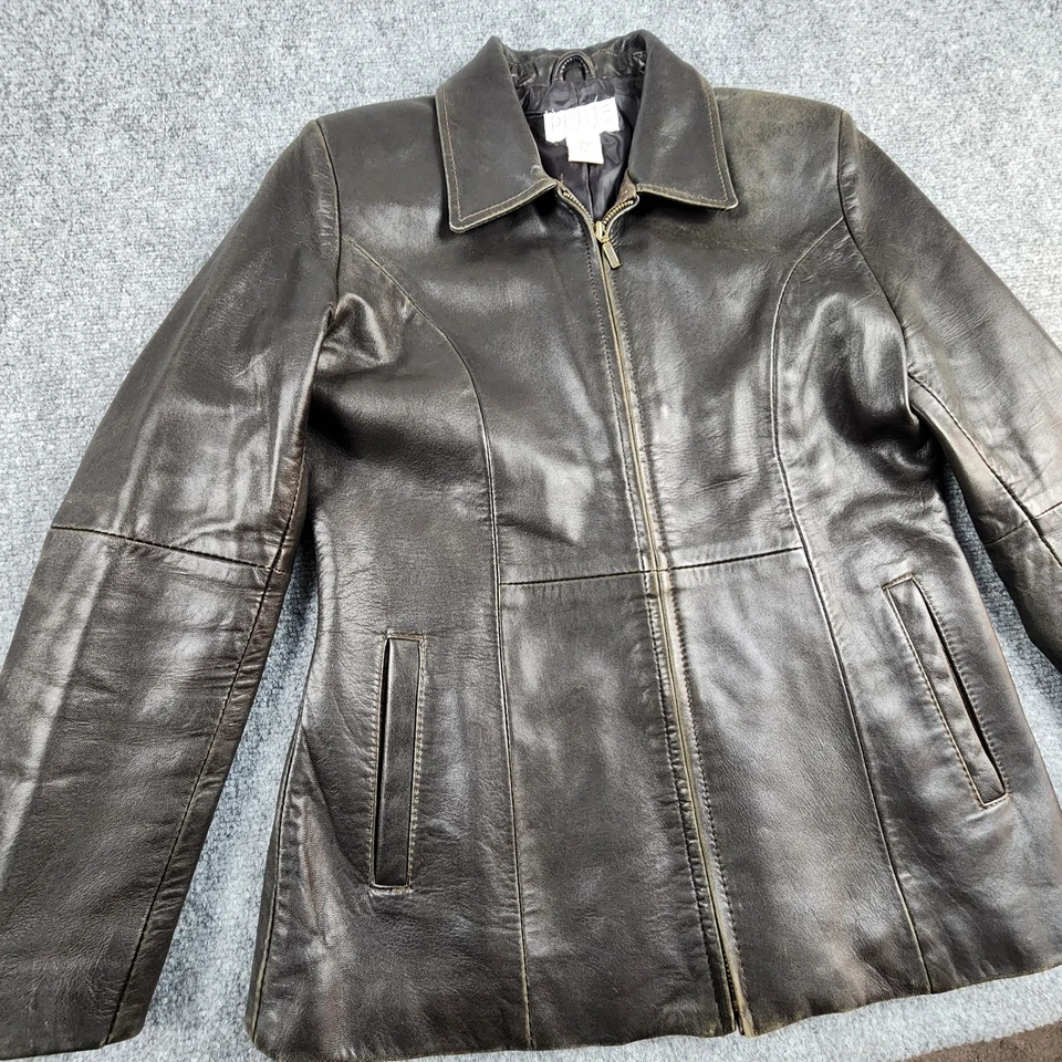 Petite Sophisticate S Brown Leather Jacket Zip Front Classic Americana Y2K Chic - Image 2 of 4