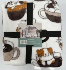 NWT Berkshire LusterSoft Throw Blanket Plush Coffee Cats Latte Print 50x70