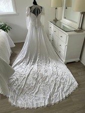 Vtg Victorian Wedding Dress WHITE BEADS BUTTONS Long Train Princess Regency