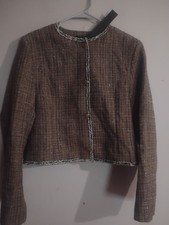 New Mina Self Coffee Brown Tweed Blazer Button Up Jacket Embellished Work XL