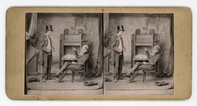 Viktorianische Stereoview 1800er Genreszene zwei gut kleiden Herren im Salon