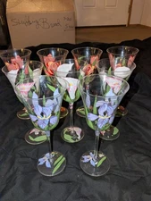 9 PC Block Crystal Hand Painted Wine Glasses Tulips Tropical Lilies Flowers 