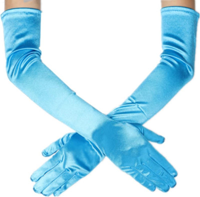 Women's Evening Party Mittens 21'' Long Light Blue Satin Finger Gloves