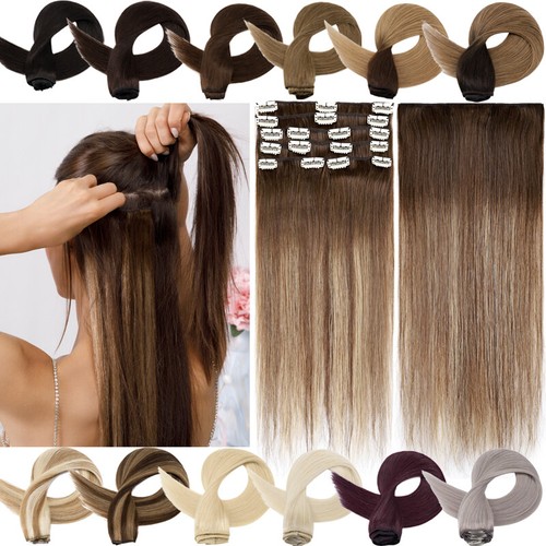 16"-24" Clip in Hair Extensions 100% Real Remy Human Hair Weft Highlight 8Pieces - Picture 13 of 74