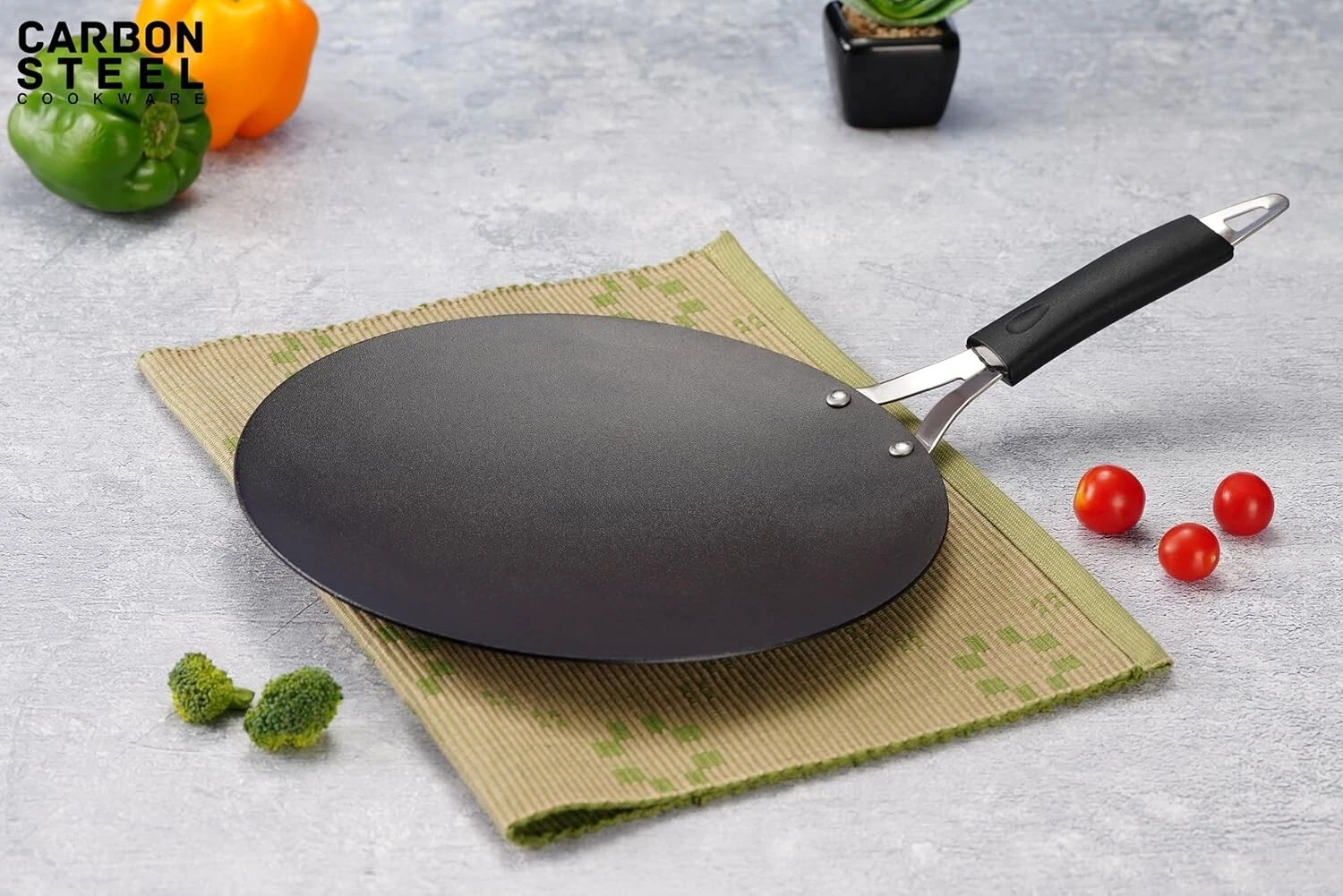 Pre Seasoned Carbon Steel (Iron) Concave Griddle Tawa for Roti, Paratha