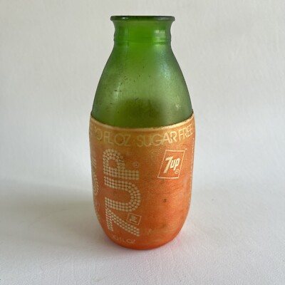 RARE Vintage 7up 10oz Orange Foam Label Sugar Free Green Glass Wide Mouth