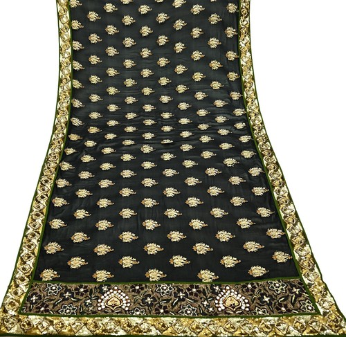 Vintage Heavy Black Dupatta Pure Georgette Silk Long Stole Hand Embroidered Veil - Picture 24 of 24