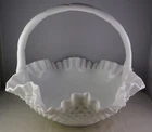 Large Vintage Fenton White Milk Glass Hobnail Handled Basket