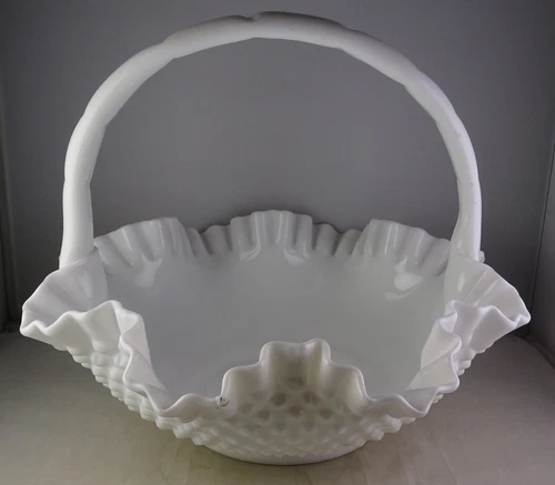 Large Vintage Fenton White Milk Glass Hobnail Handled Basket