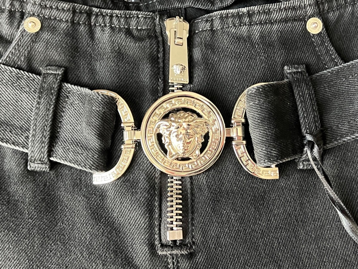 NWT Versace Medusa Logo Belted Black Denim Low Rise Flare