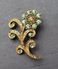 Vintage 1990's Green / Gold Flower Metal Costume Brooch Pin Jewelry