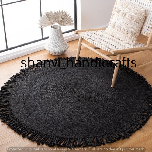 Black Color Bohemian Round Rug Jute Rug Braided Rug Jute Rug Indian Area Rag Rug - Picture 1 of 3