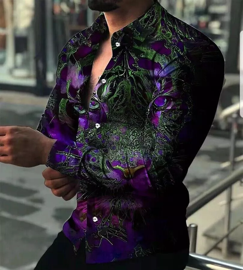 Button Up Shirt Men TIGER Print Long Sleeve Fashion Purple Green Party Tee  Dress