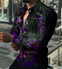 Button Up Shirt Men TIGER Print Long Sleeve Fashion Purple Green Party Tee Dress