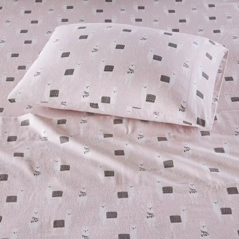 Cozy Cotton Flannel Sheet Set 4 Piece Cute Animal Print Full Pink Llamas - Image 3 of 4