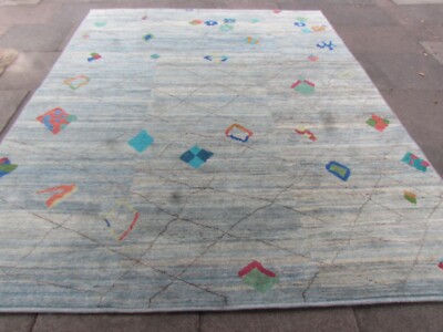 Vintage Handgeknüpfter Traditioneller Orientteppich Wolle Blau Großer Teppich 307x250cm