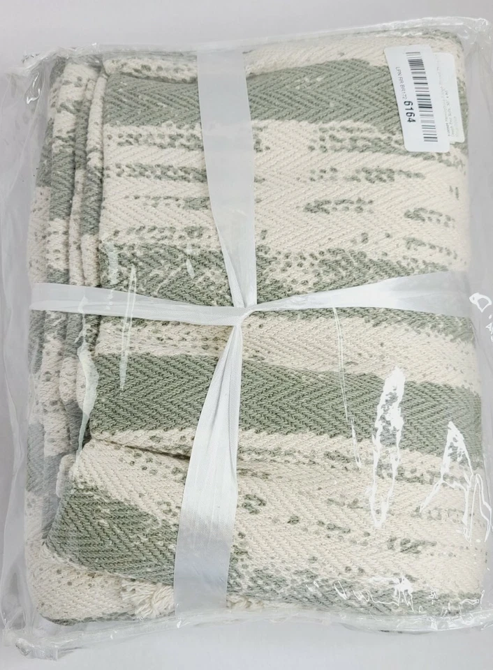 MOTINI Textured Throw Blanket Tassel Striped White and Green Hand Knit Cotton... - Image 3 of 4