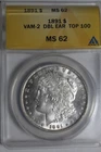 1891 VAM-2 DBL Ear Top 100 Morgan Silver Dollar ANACS MS62