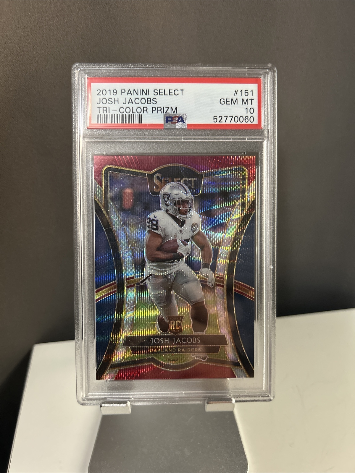 2019 Panini Select Josh Jacobs Tri-Color Prizm /199 Rookie RC #151 PSA 10 GEM MT