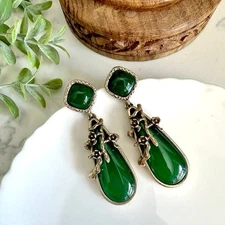 Gold Baroque Moody Green Stone Earrings Floral Wrap Victorian Jewelry Gift NEW