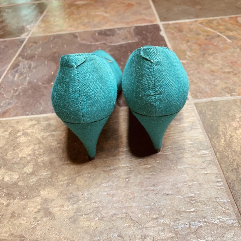 Zapatos de tacón vintage Evan Picone verde azulado suela de cuero satinado España (f9) Foto 2 de 4