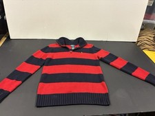 Boys Red and Navy Polo Ralph Lauren Striped Half Zip Sweater Size L 14-16