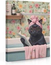 Funny Cat Bathroom Canvas Wall Art Cute Animal Farmhouse Decor