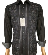 NWT 328 ROBERT GRAHAM HAVANA BLACK WITH SILVER EMBROIDERY COTTON SHIRT M