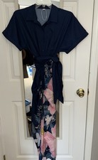 Navy Floral Midi Dress With Belt Sz Small Silky Comfortable Vaca EUC