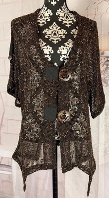 Katie Todd Brown Open Knit Asymmetrical Hem Buttons Up Short Sleeves Cardigan L