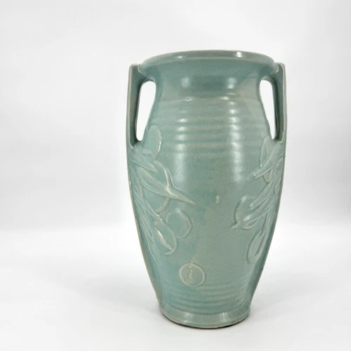 Vintage 1940s McCoy Sand Dollar 14" Vase Aqua Green Art Deco Stoneware