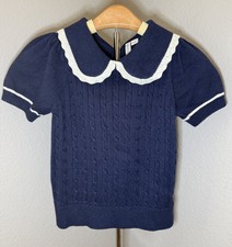 Janie and Jack Girls Size 7 Cable Knit Collared Sweater Navy Short Sleeve