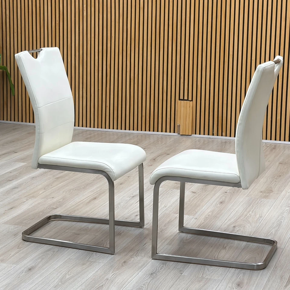 Furniture Village ‘Bianco’ Pair of Cantilever Dining Chairs White Faux Leather - Image 2 of 4