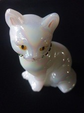 Fenton White Iridescent Cat Figurine Signed Hand Painted Rhinestone Collar USA