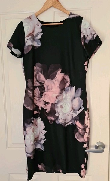 Liz Jordan 12 Black And Pink Floral  Stretch Work Formal Straight Dress