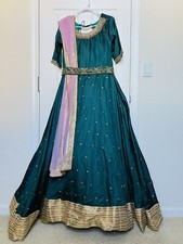 Indian long Anarkali Gown Choli for Women Party Dandiya Green Hip Belt