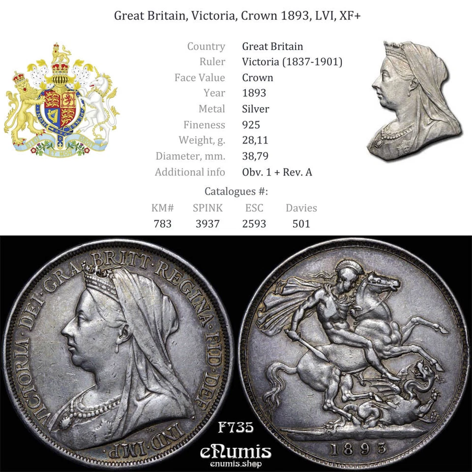 Gran Bretaña, Victoria, Corona 1893, LVI, XF+ Foto 4 de 4