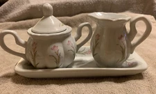 VTG 3 PIECE SET COVERED HANDLED SUGAR BOWL CREAMER TRAY WHITE PORCELAIN Floral