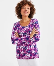 Style & Co Petite Printed Scoop-Neck Long-Sleeve Top-Tina Pink-PL
