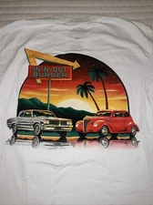 In N Out Burger Men T-Shirt Medium White Logo Graphic Texas Classic Cars Tee EUC