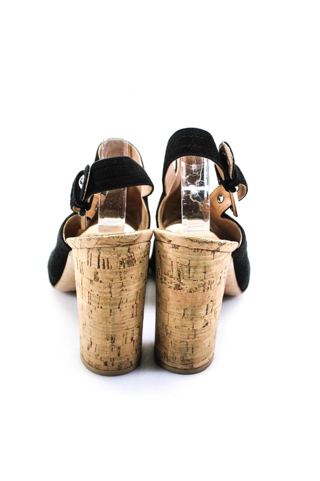 Gianvito Rossi Womens Suede Open Toe Slingback Cork Heels Black Beige