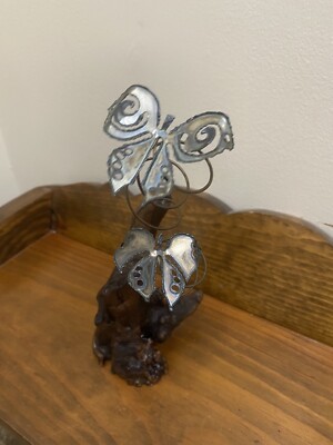 Vintage Artisan Art Copper Metal Butterflies Driftwood Stand 
