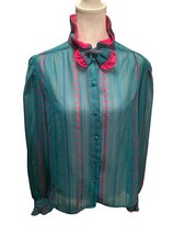 Ronnie Ronnie California Turquoise Blue Ruffle Collar Blouse Semi-sheer Bow M