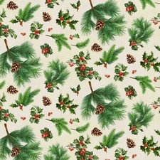 BTY Merry Christmas Holly Pine Cone Cotton Fabric By The Yard 69523
