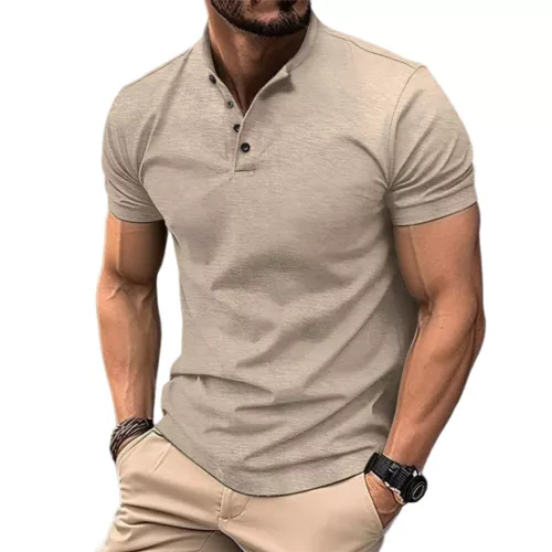 Mens Henley Grandad Collar Tee Plain T-Shirt Short Sleeve Casual Button Top New - Photo 22/28