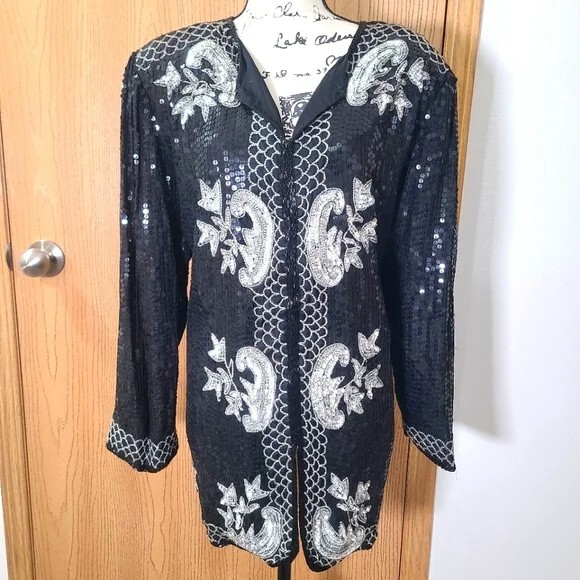 Vintage 80s Midnight Run sequin beaded silk sparkle party jacket blazer XL  14-16