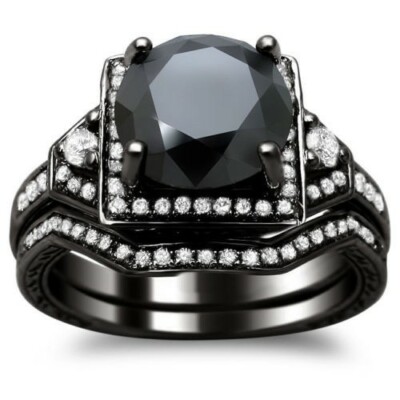2.33Ct Round Diamond Bridal Set Black Silver Ring Lab Created Christmas Day Gift