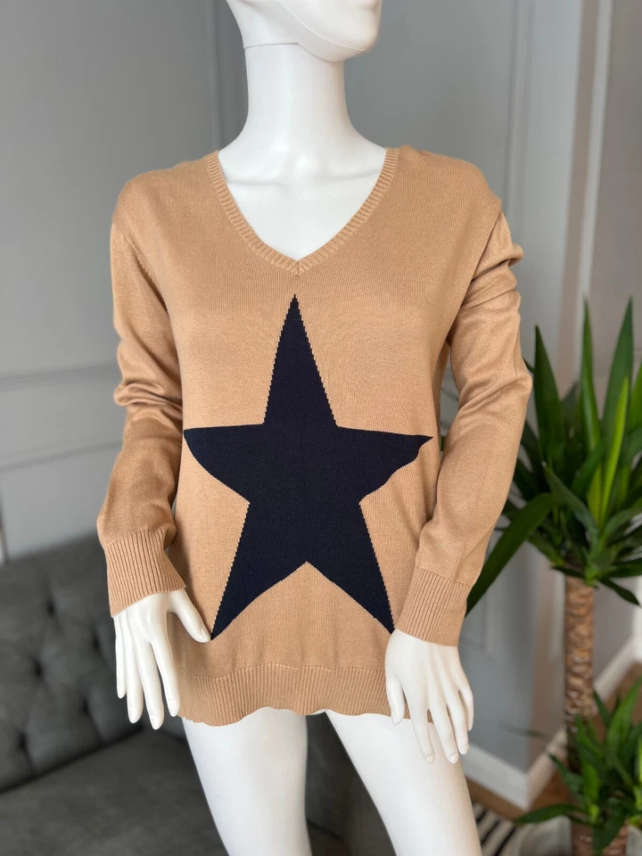 HUSH Jumper Small S Brown Camel Midnight V Neck Star  - Image 2 of 4
