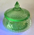 Vtg 1940s Anchor Hocking Swirl Depression Uranium Glass Candy Dish w/ Lid