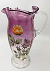 Vintage Fenton Art Glass Amethyst Purple Pitcher Hand-Painted Enameled Roses 12"